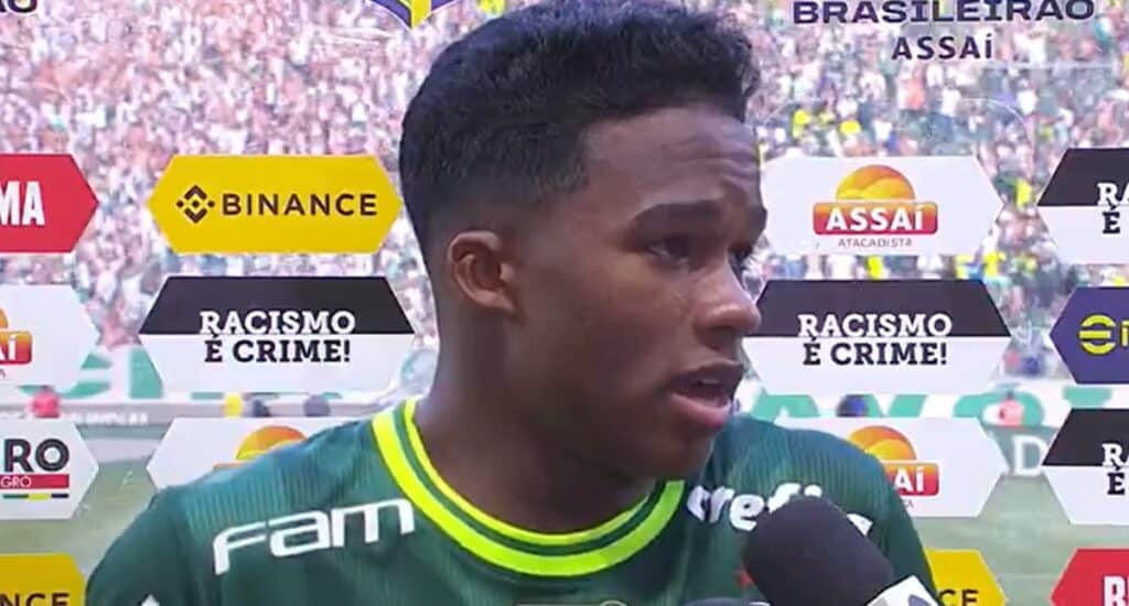 Palmeiras Copinha Endrick em entrevista após ser coroado como Craque do Jogo no Brasileirão (Foto: Reprodução/ TV Globo)
