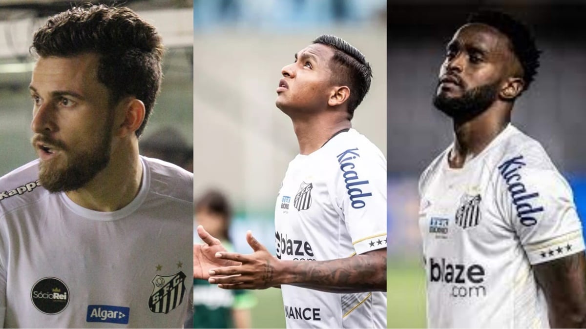 Lucas Lima, Mendoza e Morelos já treinam separado no Santos e podem ser negociados em 2024 (Fotos: Reprodução/ Raul Baretta/ Santos FC/ Montagem Gustavo)