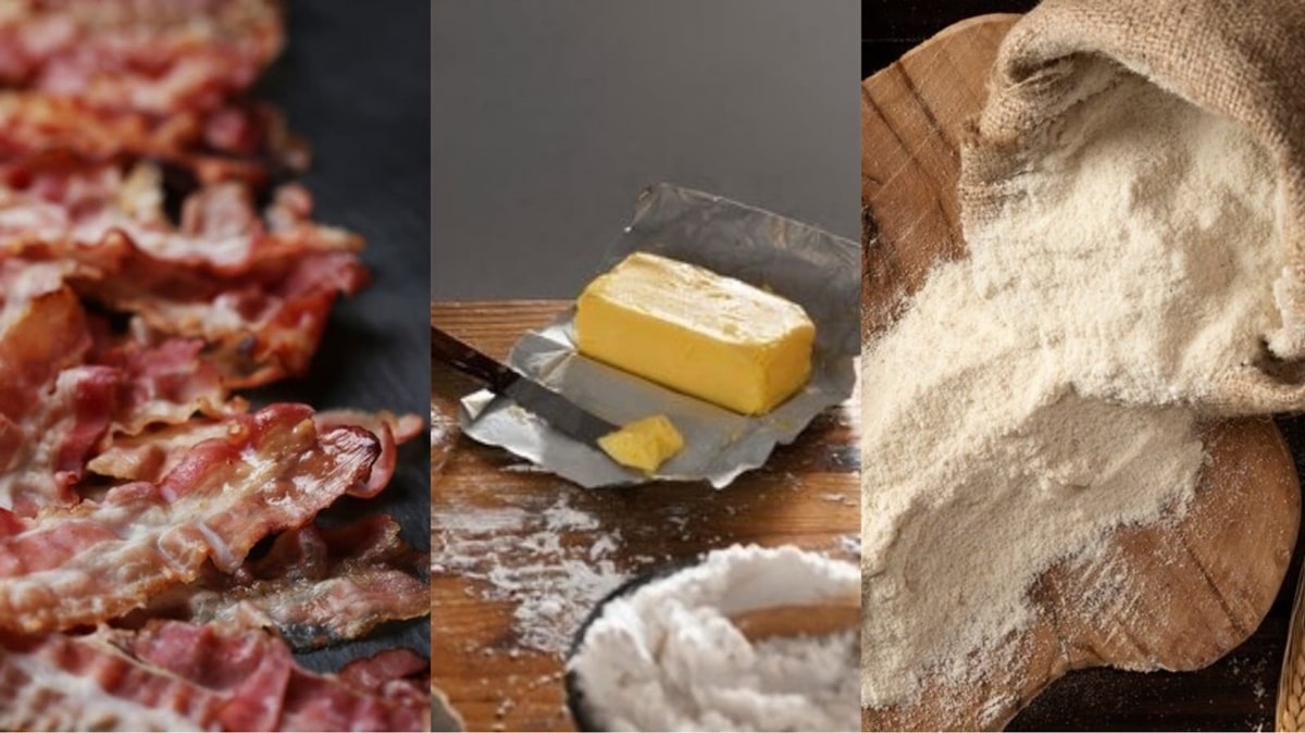 Bacon, Manteiga e Farinha Branca são venenos para o coração (Fotos: Reprodução/ Freepik/ Montagem Gustavo)