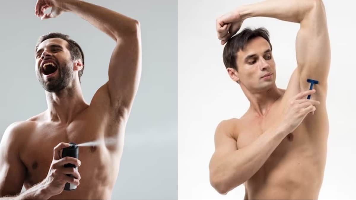 Homens usando desodorante e depilando axilas; estes podem ser motivos de irritação e manchas (Fotos: Reprodução/ FreePik/ Montagem)