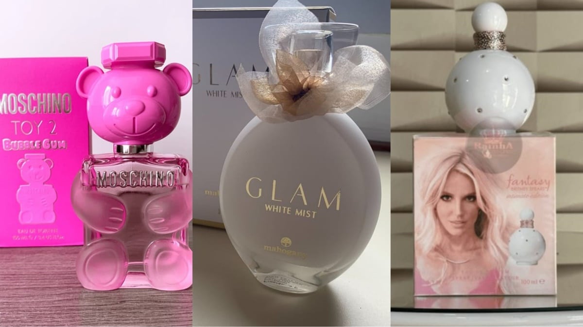 Toy 2, perfume da marca Moschino; Glam White Mist, de Mahogany; Fantasy Intimate Edition, de Britney Spears (Fotos: Reprodução/ Divulgação/ Internet/ Montagem)