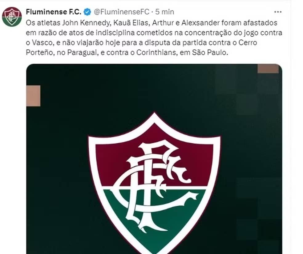 Fluminense se pronuncia sobre afastar titulares de Fernando Diniz (Foto: Reprodução/X)