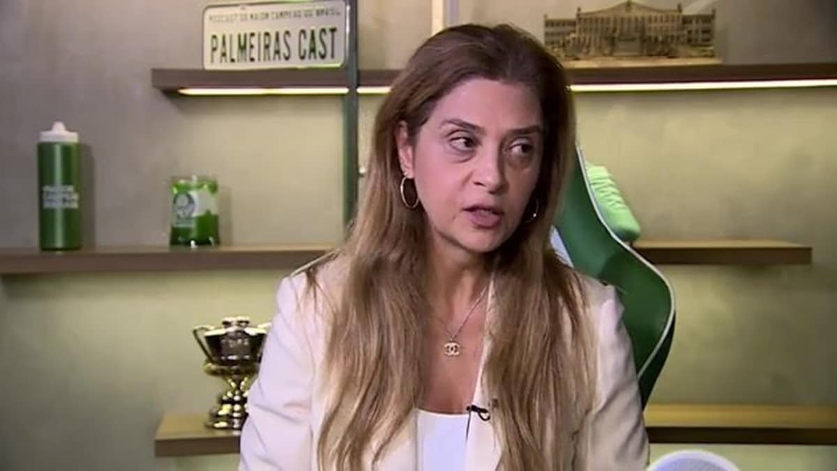 A cartola do Palmeiras, Leila Pereira, em entrevista (Foto: Reprodução/ GE)