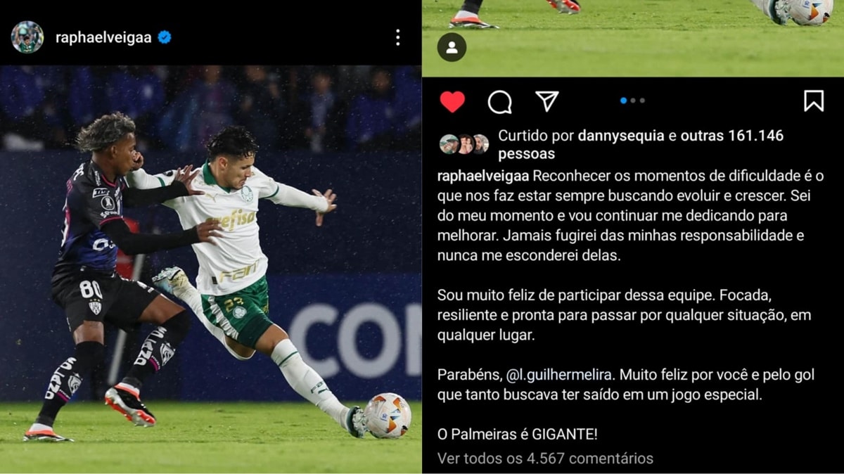 Publicação de Veiga na rede social após substituição e vitória do Palmeiras na Libertadores rtilheiro do Palmeiras (Fotos: Reprodução/ Cesar Greco/ SEP/ Instagram/ Montagem)